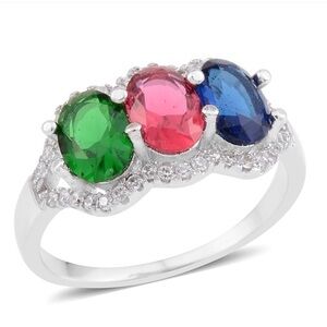 Multi Color Lab Created Diamond Silver tone Ring Blue Red Green Size 6 1/2